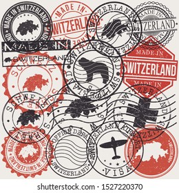 Switzerland Set of Stamps. Travel Passport Stamp. Made In Product. Design Seals Old Style Insignia. Icon Clip Art Vector.