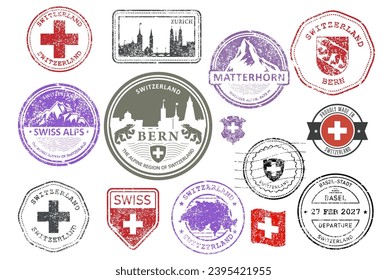 Die Schweiz schimmert Gummistempel-Set, Schweizer Städte und Alpen-Abzeichen, Etiketten und Symbole, Embleme und Flaggen, Vektorgrafik