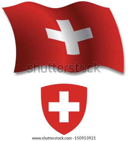 switzerland shadowed textured wavy flag and coat of arms against white background, vector art illustration, image contains transparency transparency