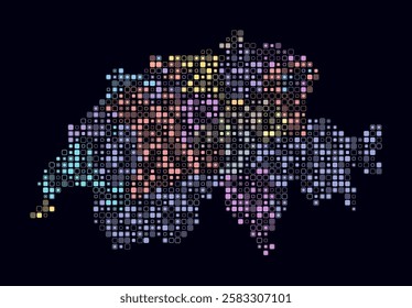 Switzerland, shape of the country build of colored cells. Digital style map of the Switzerland on dark background. Small size rounded square blocks. Beautiful vector illustration.