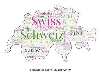 Switzerland shape filled with country name in many languages. Switzerland map in word cloud style. Powerful vector illustration.