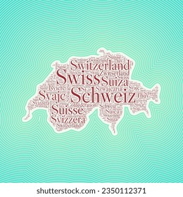 Switzerland shape formed by country name in multiple languages. Switzerland border on stylish striped gradient background. Vibrant poster. Radiant vector illustration.