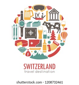 Switzerland sightseeing landmarks and famous vector travel attractions poster.