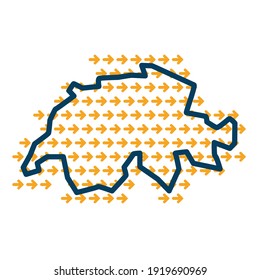 Mapa de contorno simple de Suiza con flechas guía de dirección amarilla.