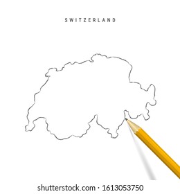 Switzerland sketch outline map isolated on white background. Empty hand drawn vector map of Switzerland. Realistic 3D pencil with soft shadow.