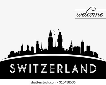 Switzerland skyline silhouette, black and white design, vector illustration