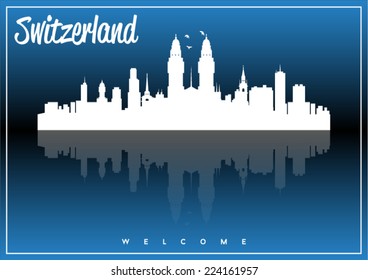 Switzerland skyline silhouette vector design on parliament blue and black background.