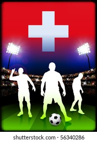 Switzerland Soccer Player with Flag on Stadium Background Original Illustration
