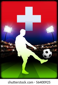 Switzerland Soccer Player with Flag on Stadium Background Original Illustration