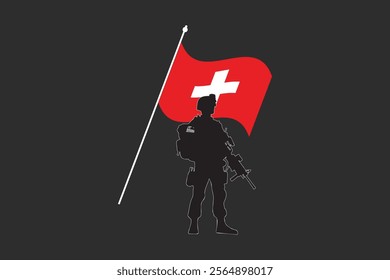 Switzerland soldier with flag, Switzerland flag vector graphic, Switzerland country flag is a symbol of freedom, National Switzerland flag, vector illustration
