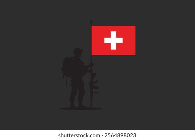 Switzerland soldier with flag, Switzerland flag vector graphic, Switzerland country flag is a symbol of freedom, National Switzerland flag, vector illustration
