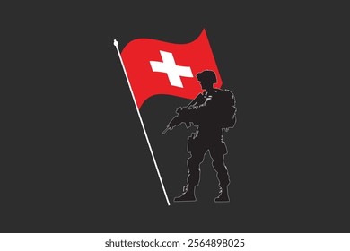 Switzerland soldier with flag, Switzerland flag vector graphic, Switzerland country flag is a symbol of freedom, National Switzerland flag, vector illustration
