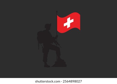 Switzerland soldier with flag, Switzerland flag vector graphic, Switzerland country flag is a symbol of freedom, National Switzerland flag, vector illustration
