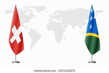 Switzerland and Solomon Islands flags for official meeting against background of world map.