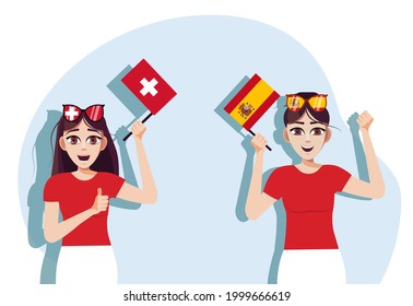 Switzerland and Spain flags. Background for the inscription with flags. The concept of the competition between Switzerland and Spain. Feelings and emotions of female cheerleaders. Vector illustration.