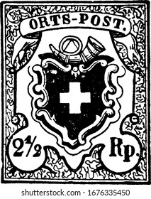 Switzerland Stamp (2-1/2 rappen) from 1850, a small adhesive piece of paper stuck to something to show an amount of money paid, mainly a postage stamp, vintage line drawing or engraving illustration.