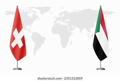 Die Flaggen der Schweiz und des Sudan für offizielle Treffen auf der Grundlage der Weltkarte.