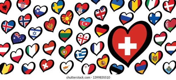 Switzerland Swiss flag and different countries flags with heart flags logo. For Europe, eurovision music song festival, contest. Music songs for vision dreams. Vector euro TV icon pattern. 