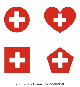 Das Flaggensymbol der Schweiz oder der Schweiz ist in 4 Formversionen eingestellt. Sammlung des nationalen Flaggenzeichens mit quadratischen, kreisförmigen, herzhaften, rechteckigen und fünfeckigen Formen.