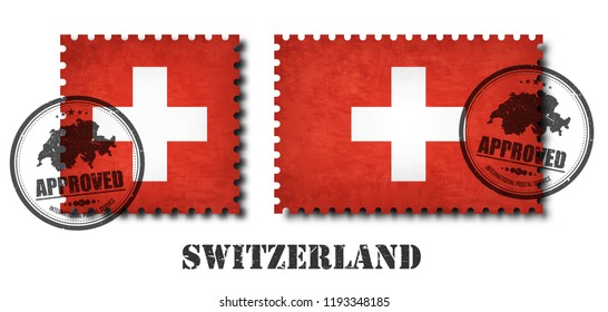 Switzerland or swiss flag pattern postage stamp with grunge old scratch texture and seal on isolated background . Black color country name with abrasion . Square and rectangle shape . Vector .