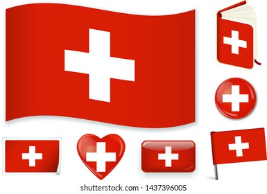 Switzerland; Swiss National Flag In Wave, Book, Circle, Pin, Button, Heart And Sticker Shapes.