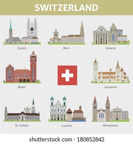 Switzerland. Symbols of cities. Vector set