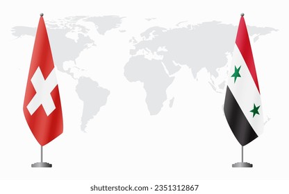 Switzerland and Syria flags for official meeting against background of world map.