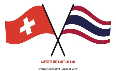 Banderas de Suiza y Tailandia Cruzadas y ondeadas de estilo plano. Proporción oficial. Colores correctos.