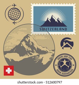 Switzerland theme stamps or labels set, vector illustration