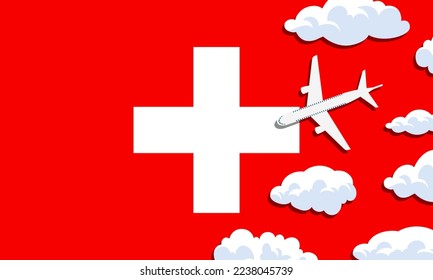 Schweizer Reisekonzept. Flugzeug mit Wolken auf dem Hintergrund der Flagge der Schweiz. Vektorgrafik