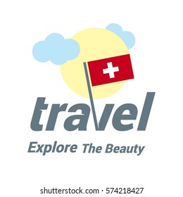 Switzerland Travel Country Flag Logo. Explore the The Beauty lettering with Sun and Clouds and creative waving flag. travel company logo design - vector illustration