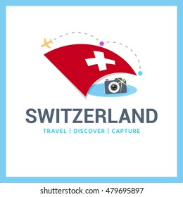 Switzerland Travel, Discover, Capture logo - Vector travel Photographer logo design - Country Flag Travel, Discover and Photographer Conceptual logotype - vector illustration