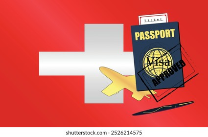 Switzerland Travel Documentation Concept with blue Passport and Switzerland Flag. Approved Stamp. Airplane and Travel Tickets. Ideal for Immigration Tourism and Traveling Themes. Vector EPS available