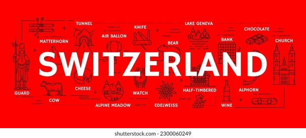 Switzerland travel icons with vector line swiss mountains, cheese, chocolate and cow, knife, ski and half timbered house. Outline alphorn, watch, bank, lake Geneva and bear, hot air balloon, tunnel