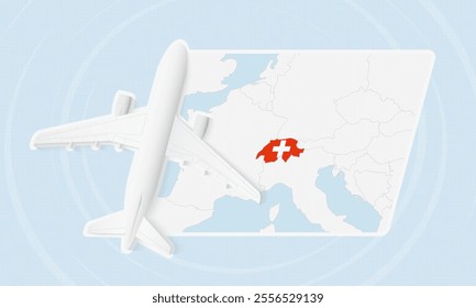 Switzerland Travel Illustration with Plane and National Flag. Ideal for travel agencies, promotional materials, or geographic content related to Switzerland.