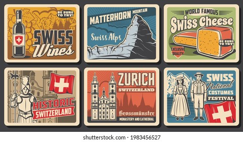 Switzerland travel landmark retro posters of Swiss tourism vector design. Flag of Switzerland, Alps mountain Matterhorn, Swiss cheese and wine, national costumes, guard, Grossmunster church and castle