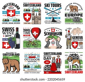 Switzerland travel landmarks, culture symbols icons. Bear, St. Bernard dog and Swiss army knife, grapes, wine and Matterhorn peak, schwingen wrestlers, aplhorn and ski, Swiss guard, Switzerland flag