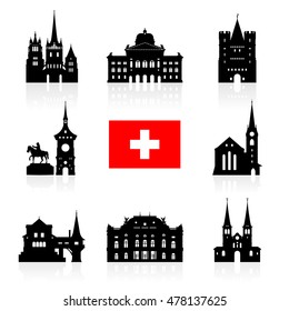 Switzerland Travel Landmarks icon set. Vector and Illustration