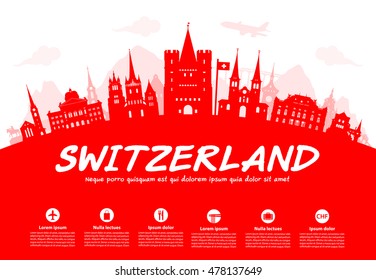 Switzerland Travel Landmarks. Vector and Illustration