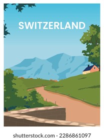 Switzerland travel poster. vector illustration background with flat colored style.
landscape suitable for poster, postcard, greeting card.