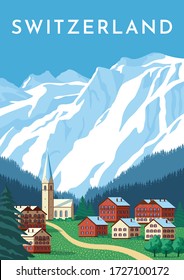 Switzerland travel retro poster, nature vintage banner. Summer Alps landscape, mountain Austria village. Hand drawing flat vector illustration.