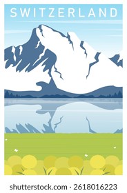 Switzerland travel retro poster, nature vintage banner. Summer Alps landscape, mountain Austria landscape