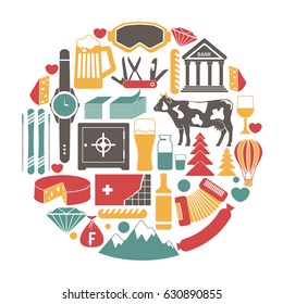 Switzerland travel sightseeing icons and vector Swiss landmarks poster