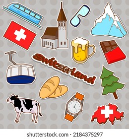 Switzerland Travel  Stickers, Landmark, Food, Snow, . Doodle Vector Illustration.