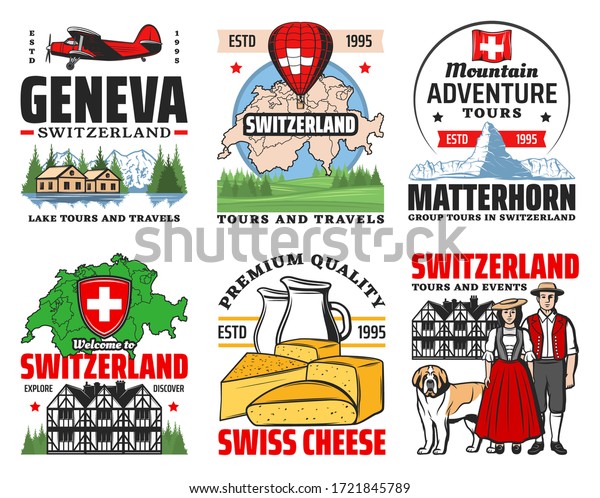 Switzerland travel to Swiss alps mountains vector
icons. Switzerland map, architecture, culture and food. Geneva and
Zurich landmark tours, Swiss culture and traditions, cheese and
Matterhorn skiing