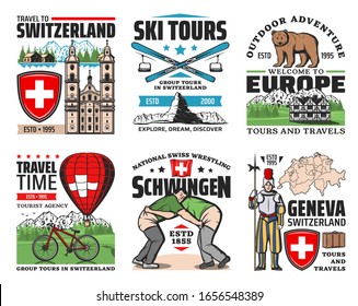 Switzerland travel, tours, landmarks and attractions sightseeing trip icons. Switzerland map, castles and temples architecture, Schwingen Swiss wrestling and Alpine skiing, hot air balloon