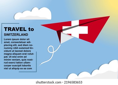 Banner de vector de viajes de Suiza con bandera de papel y espacio de texto, bandera de Suiza en el plano de papel, concepto de vacaciones y vacaciones, plantilla y patrón de viajes de verano, idea de boleto de vuelo