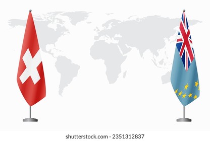 Switzerland and Tuvalu flags for official meeting against background of world map.