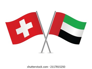 Switzerland and United Arab Emirates flags. Swiss and UAE flags, isolated on white background. Vector icon set. Vector illustration. 