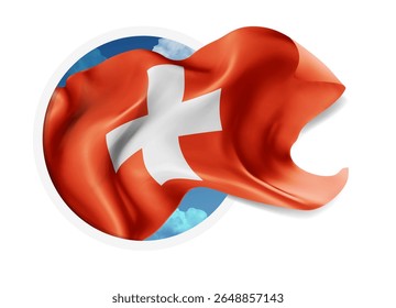 Schweiz, Vektor 3D-Flagge auf blauem Himmel, durch ein rundes Loch auf weißem Hintergrund
